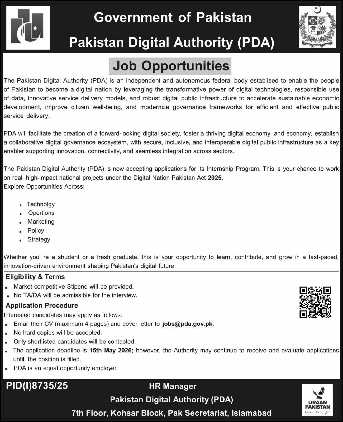 PDA Internship Program 2026 - Pakistan Digital Authority - Islamabad