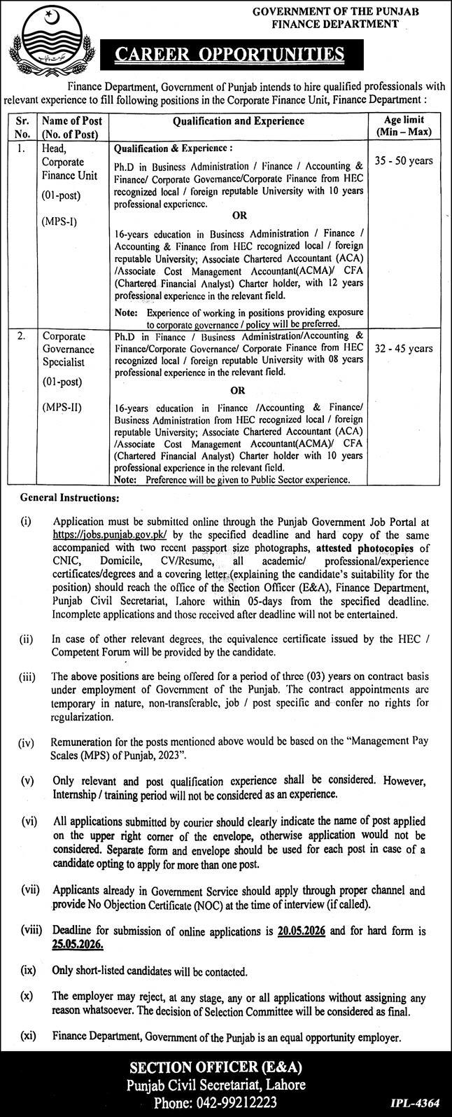 Head & Corporate Governance Specialist - Finance Dept Punjab 2026 - Lahore